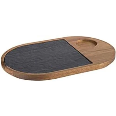 Image de APS planche de service, 2 pièces, 28 x 17,5 cm, talon Ø 5 en bois rustique, à découper d&#039;acacia, avec plaque ardoise naturelle