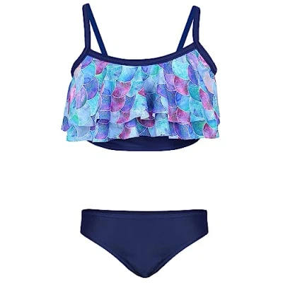 Image de Aquarti Set Bustier Slip de Bikini Maillots Bain Deux Pièces Filles Pièces, 030A à Volants/Sirène/Violet/Bleu foncé, 140