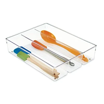 Image de iDesign range couvert, grand rangement tiroir en plastique pour couverts et autres ustensiles, casier à 3 compartiments les tiroirs, transparent