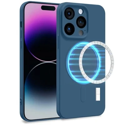 Image de MyGadget Coque Silicone [ Compatible avec MagSafe ] Apple iPhone 14 Pro Case TPU Souple &amp; Soft Doublure Microfibre Cover Protection Bleu Foncé