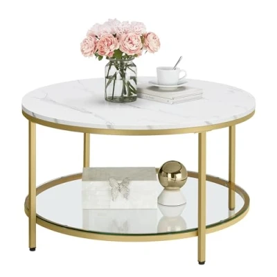 Image de VASAGLE Table Basse, de Salon, Canapé Apéro, Façon Marbre, Support en Verre Trempé, Facile à Assembler, pour Style Moderne, Blanc Marbré et Doré Métallique LCT071W59