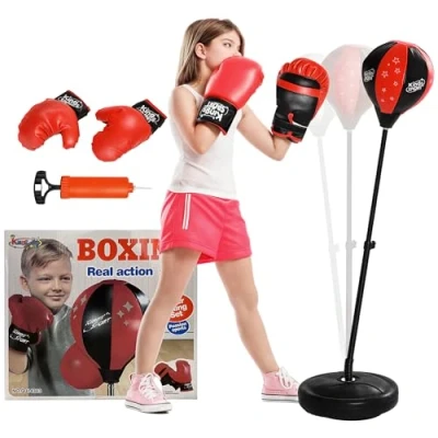 Image de AIYAPLAY Sac de Frappe Enfants Punching Ball sur Pied pour 5 10 Ans avec Gants Boxe et Base lestage, réglable en Hauteur 68 102 cm, Rouge
