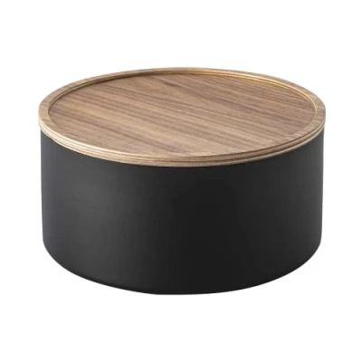 Image de Yamazaki 5802 RIN Boîte de rangement avec couvercle ronde et profonde, noir, Acier/Bois, minimaliste, 22 x 11 c m
