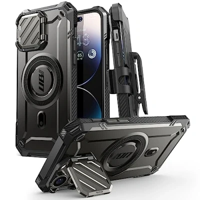 Image de SUPCASE Coque pour iPhone 14 Pro Max/ 13 Max Magnétique avec Support Protection Caméra [MagSafe Compatible] [Clip Ceinture Intégré] Antichoc Robuste 14/13 Max, Noir