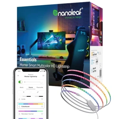 Image de Nanoleaf Essentials Matter Lightstrip Kit de Démarrage Ruban LED Adressable HD 5M RGBIC Connecté Bande 16M Couleurs, sur Wi Fi, Bluetooth, Compatible Alexa Google Apple, Salon ou Gaming