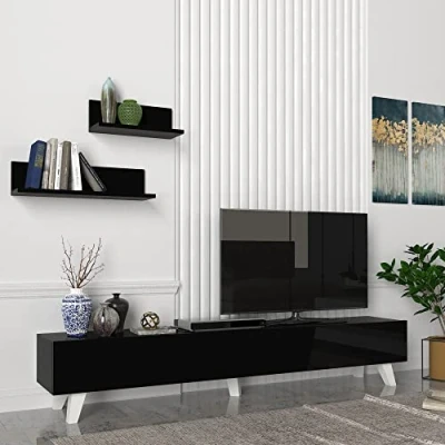 Image de [en.casa] Ensemble Meuble TV avec 2 Étagères Murales Support Télé à Portes Rabattables Espace de Rangement pour Salon Panneau Particules 180 x 31 33 cm Noir
