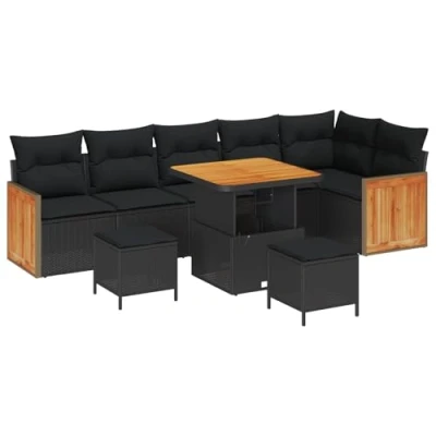 Image de Ensemble de canapé jardin vidaXL 9 pièces, coussins noir rattan synthétique acacia 3363319