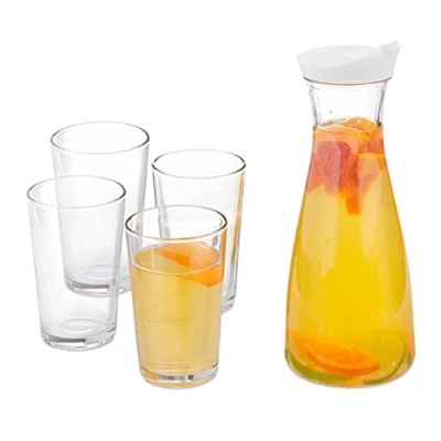 Image de Relaxdays Carafe à eau avec verres, set de 5 pièces, 1 l, 220 ml, couvercle bec verseur, cruche, transparent