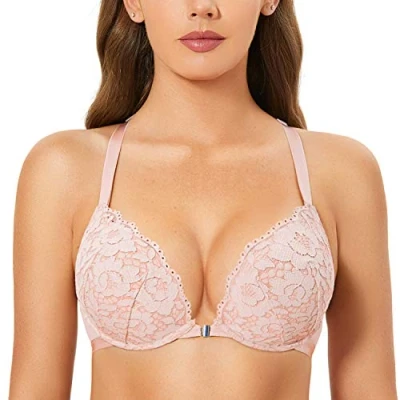 Image de DOBREVA Femme Soutien Gorge Fermeture Devant Push Up Decollete Plongeant avec Armature Dos Nageur Dentelle Rose Nue 105C
