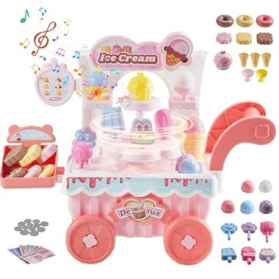 Image de VEVOR Chariot à Glaces pour Enfants, 27 Accessoires, Jeu d&#039;Imitation de Stand Glacier, avec Espace Rangement, Effets Sonores et Lumineux, Jouet Éducatif Montessori Tout petits 3 Ans Plus