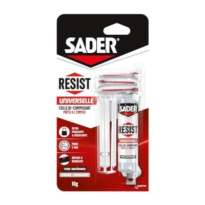 Image de Sader Resist Universelle Colle Bi Composants type Epoxy de Réparation Tous Supports Intérieur/Extérieur Couleur : Translucide 1 Seringue 10 g (+ 3 embouts mélangeurs)