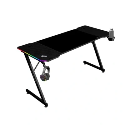 Image de MARSGAMING MGD X140RGB, Bureau Gaming Ergonomique, Éclairage ARGB avec Télécommande, Surface Fibre de Carbone, Tapis XXL, Supports Casque et Boisson, Gestion Câbles, 140x60cm, Noir
