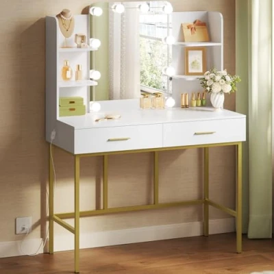 Image de WOLTU Table de Maquillage Meuble Coiffeuse avec Miroir et LED en Bois Métal 4 Étagères Rangement 2 Tiroirs, Style Moderne, Blanc Or 90x45x136cm MB6077ws