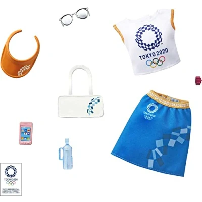 Image de Barbie Sport Kit vêtements Tokyo 2020, une tenue pour poupée composée d&#039;un tee shirt, jupe et 6 accessoires, jouet enfant, GJG35