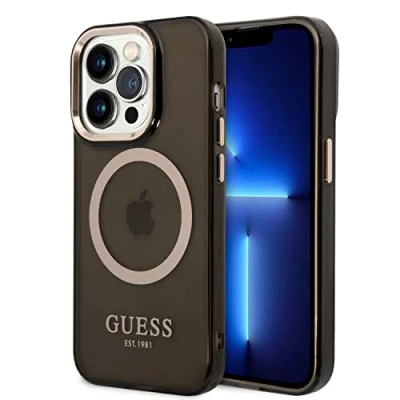 Image de CG MOBILE Guess Coque Compatible avec Magsafe Contour doré translucide, dernier Design Brillant, Anti Rayures, résistant aux dommages, iPhone 14 Pro Max (Noir)