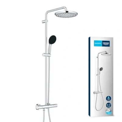 Image de GROHE Vitalio Start System 250 Colonne de Douche avec Mitigeur Thermostatique (Douche Tête Ronde 25cm 1 jet (Puie), Pommeau Rond 11cm 2 jets (Pluie/Stimulant), Flexible 1.75m), Economie d&#039;Eau, Chromé, 26677001