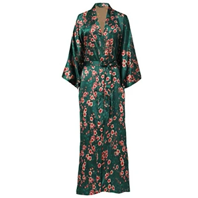 Image de BABEYOND Kimono Long en Satin Robe de Chambre Longue pour Femme Peignoir avec Motif Fleurs Taille Unique Vert foncé