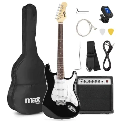 Image de MAX Pack Guitare Électrique GigKit avec Amplificateur 40 Watts Sunburst, Livré de Nombreux Accessoires, une Housse, des Médiators et un Accordeur Numérique, Idéal pour les Débutants