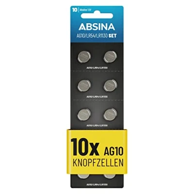 Image de ABSINA 10x Pile LR1130 AG10 LR54 1,5V Alcaline étanche &amp; Longue durée V10GA / RW49 G10A 189 GP189 L1130 89A Bouton, L1131C, L1131, Piles LR54,