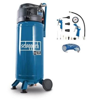 Image de Scheppach Compresseur Vertical HC51V avec 13 accessoires et 8m de tuyau 10 bar Cuve 50L Sans huile 1500W 2CV Puissance d&#039;aspiration 220 l/min Double raccord Réducteur pression