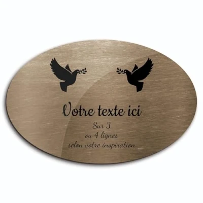 Image de Plaque gravée funéraire motif Deux Colombes avec rameaux autocollante modèle ovale (20x13 cm) personnalisée 1 à 3 lignes Bronze
