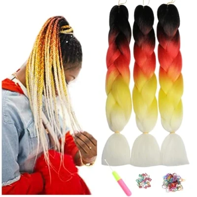 Image de Kanekalon Meches Tresse Cheveux, Pour Tresses Africaine, ShowJarlly 24&quot;Ombre Jumbo Braids 3Paquets Extension de Cheveux Fibre Synthétique(Noir/Rouge/Jaune Vif/Blanc#)