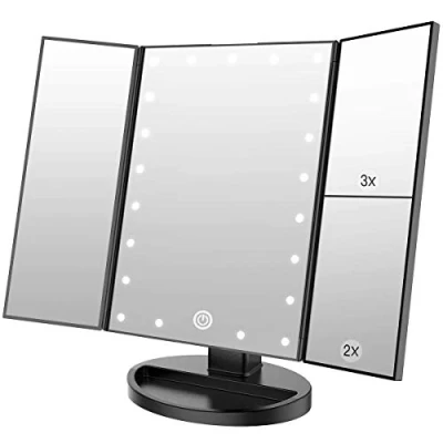 Image de WEILY Miroir de Maquillage Lumineux, 1x / 2X 3X Grossissement, à Trois Plis avec 21 Lumières LED, Interrupteur Écran Tactile, Table Batterie et USB Disponibles (Noir)