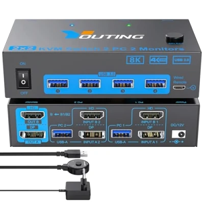 Image de YOUTINGHDAV Commutateur KVM 2 PC moniteurs HDMI DP, USB 3.0 4K @ 144Hz 8K 60Hz, 2.1 DisplayPort 1.4 Switch Double Moniteur pour Partage Souris Clavier