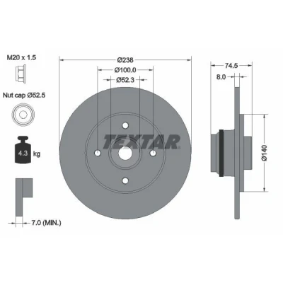 Image de TEXTAR PRO 92154003 Disque de frein 238 8 04/04 100 plein revêtu avec bague ABS, roulement roue RENAULT: CLIO 2, MEGANE 1, 1 Coach