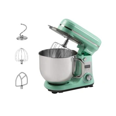 Image de Bestron Robot Patissier, pâtissier super silencieux (65 dB), de cuisine 4 en 1, bol 6 litres, inclus crochet pétrisseur, fouet et batteur plat, vitesses + fonction Pulse, Vert