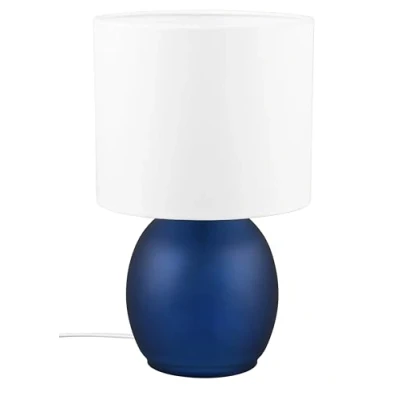 Image de Trio Leuchten Lampe de table VELA 517900112, socle en verre bleu, abat jour tissu blanc, sauf 1x E14