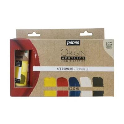 Image de PEBEO 5x60 ML Origin Acrylics Set Primaire, Jaune, Rouge, Cyan, Blanc, Noir