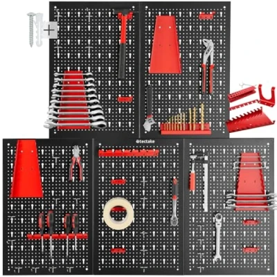 Image de TecTake® Panneau mural Perforé Porte outils Lot de 5 Panneaux 200 x 2 60 cm 43 pcs Crochet &amp; Supports, Extensible Système rangement Outillage visserie