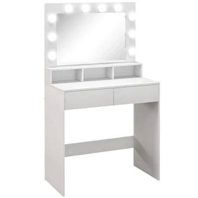 Image de HOMCOM Coiffeuse avec Miroir Hollywood, Table de Maquillage tiroirs, 3 Modes d&#039;éclairage, 10 Ampoules, Moderne pour Chambre à Coucher, Salon, 80 x 40 135 cm, Blanc