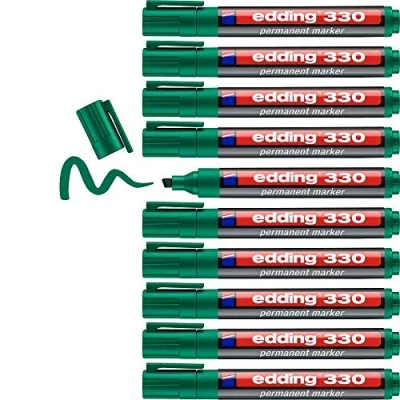 Image de edding 330 Marqueur permanent vert 10 stylos pointe biseautée 1 5 mm sèche vite, résiste à l&#039;eau et aux frottements pour carton, plastique, bois, métal, verre