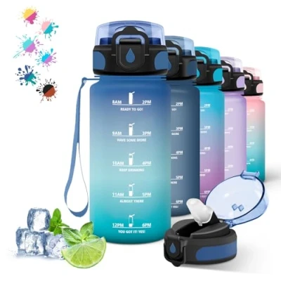 Image de Gourde, 500ml Gourde Enfant, avec Paille Anti Fuite, Graduée pour 1 Journee, Facile à Nettoyer, Slogan de Motivation, l&#039;École, Extérieur, Voyage, Bleu Vert