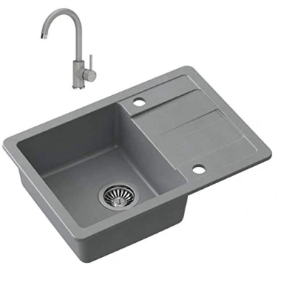 Image de VBChome Évier de cuisine avec robinetterie Gris 62 x 44 cm En granit Montage simple Surface d&#039;écoulement moucheté Réversible Robinet + siphon distributeur liquide
