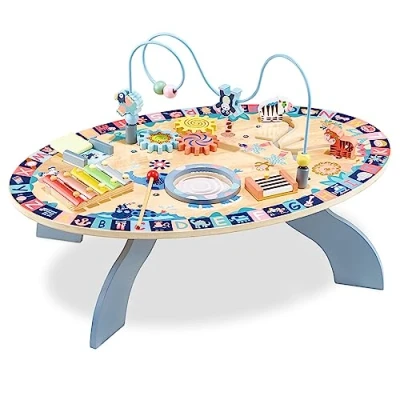 Image de Mamabrum Wooden Educational Table for Children Ages 6 Months and Up, Interactive Table: Cymbals, Drum, Maze, Animals, Moving Gears, Door Handles,