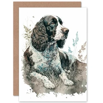 Image de Artery8 English Springer Spaniel Dog Lying in Field Modern Watercolour Illustration Art Birthday Sealed Greeting Card Plus Envelope Blank inside