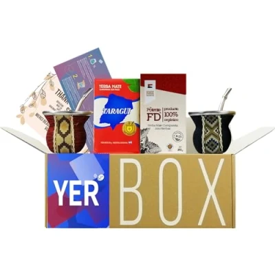 Image de YERBOX Ensemble de Thé Yerba Mate : Taragui Traditionnel 250g + Fede Rico Potente 2x Gourdes en Verre Motif Woop Bombillas Acier Inoxydable Brosse Nettoyage