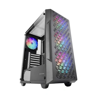 Image de MARSGAMING MC GEO, Boîtier Gaming ATX, 4X Ventilateurs FRGB Rainbow 12cm, Panneau Avant Mesh Géométrique, Fenêtre Verre Trempé, Semi Tour PC Double Chambre, Support Refroidissement Liquide, Noir
