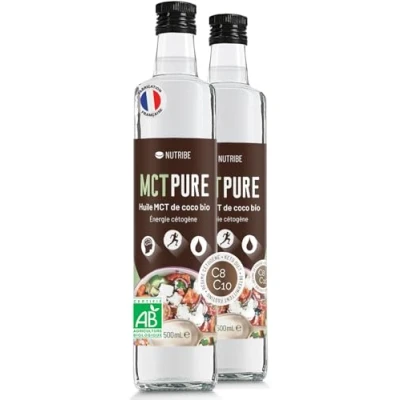 Image de Nutribe MCT Pure bio C8 C10 (Lot de 2x500 ml) Pressée à froid Laboratoire français Cétogène, Énergie, perte poids, idéale pour le régime keto et jeûne intermittent