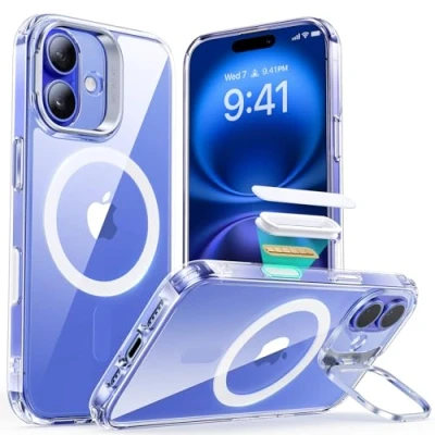 Image de ESR Coque pour iPhone 16 Plus avec Bouton de Capture Contrôle Caméra, Compatible MagSafe, Protection Qualité Militaire, Béquille Intégrée, Transparent
