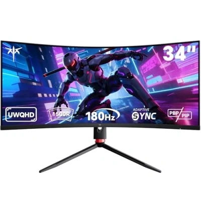 Image de KTC Ecran 34 Pouces Incurvé, UWQHD (3440 x 1440) 180Hz PC Gamer, G Sync, FreeSync, 21:9 VA Panel 1500R, 1ms MPRT, HDR10, Rapport de contraste 4000:1, 2xDP 1.4 (180Hz), 2xHDMI 2.0(100Hz), H34S18S
