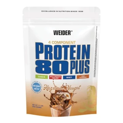 Image de WEIDER Protein 80 Plus protéine en poudre, Noisette Nougat, faible teneur glucides, mélange de lactosérum caséine multi composants pour shakes protéinés, 500 g