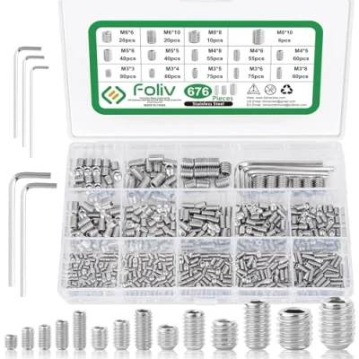 Image de Foliv Lot de 676 Vis sans tête en acier inoxydable M3 M4 M5 M6 M8 à six pans creux DIN 913 hexagonale avec clé pour poignée porte, porte