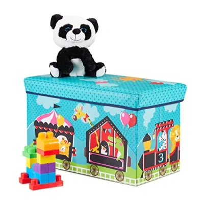Image de Relaxdays Tabouret Cirque Coffre à Jouets boîte Couvercle Pouf Enfant Pliable Rangement Fille garçon 66l, Turquoise, Circus, Taille
