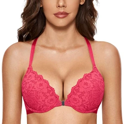 Image de DOBREVA Femme Soutien Gorge Fermeture Devant Push Up Decollete Plongeant avec Armature Dos Nageur Dentelle Rose éclatante 100C