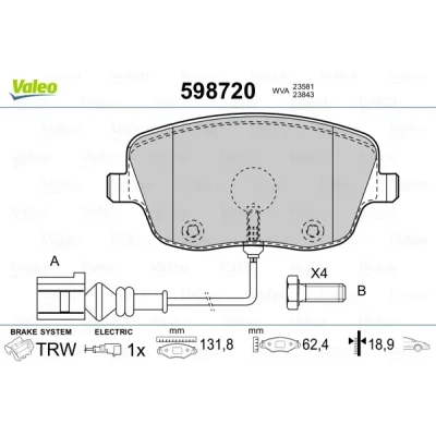 Image de VALEO 598720 Jeu de plaquettes frein Essieu avant contact signal d&#039;usure inclus avec kit vis fixation, tôle anti bruit