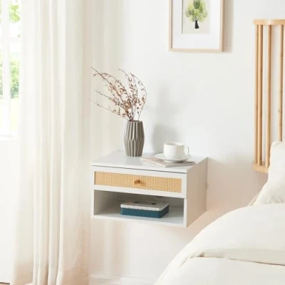 Image de [en.casa] Étagère Murale avec Tiroir et Compartiment Ouvert Meuble de Stockage Suspendu pour Salon Chambre Panneau Particules Plastique 40 x 32 23 cm Blanc Aspect Rotin